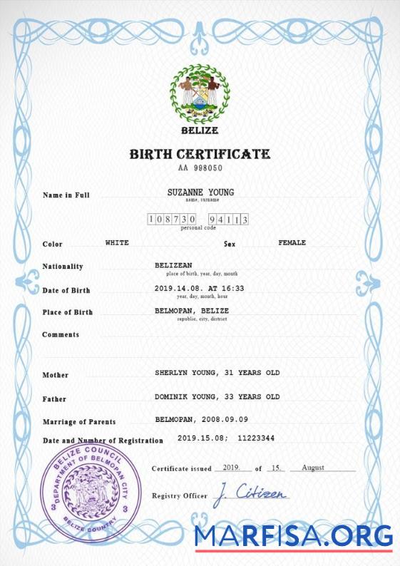 Downloadable Belize vital record birth certificate PSD template